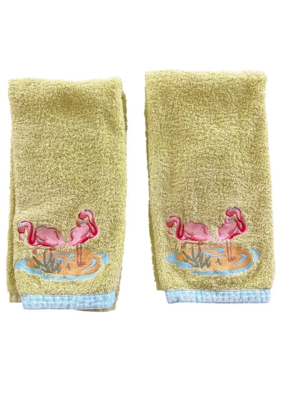 Flamingo Themed Green Hand Towels With Blue Polka Dot Trim Set Of 2